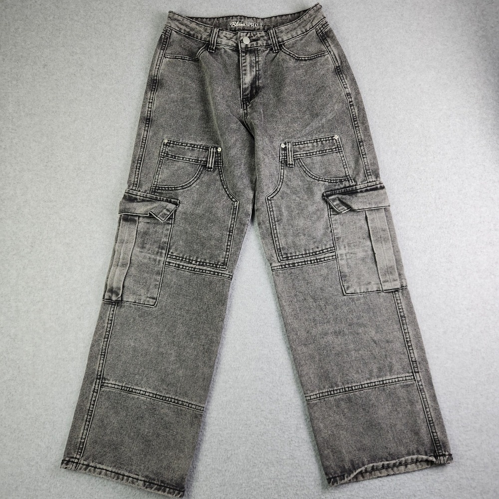 Blue Asphalt Cargo Jeans Womens Medium Gray Denim Acid Wash‎ Utility High Rise